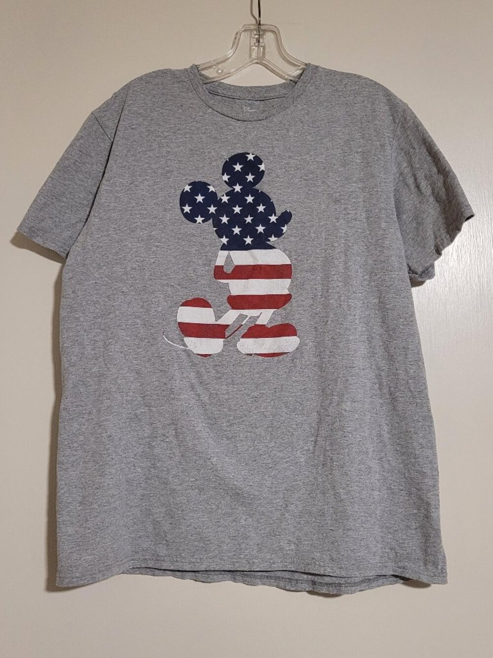 Mickey Mouse silhouette with classic red, white, blue American flag T-shirt, L